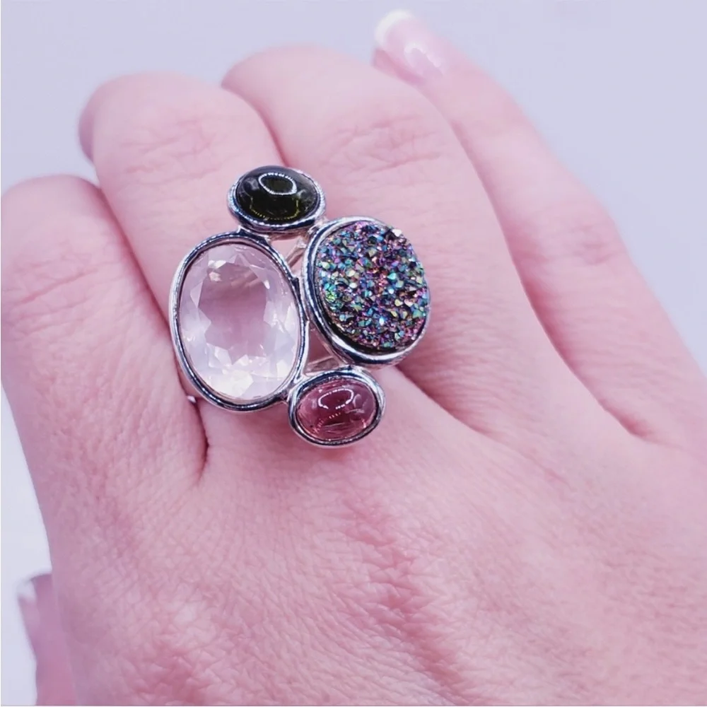 925 Sterling Silver Pink & Green Tourmaline - Pink & Druzy Quartz Statement Ring - Picture 4 of 8